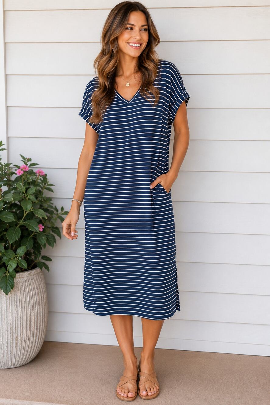 Matilda Jane Navy Blue Striped V Neck T-Shirt Dress Short Sleeve M